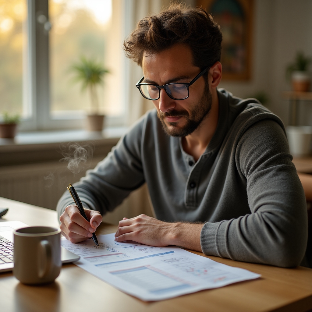 Persona che esamina il proprio budget durante la routine mattutina con caffè e laptop