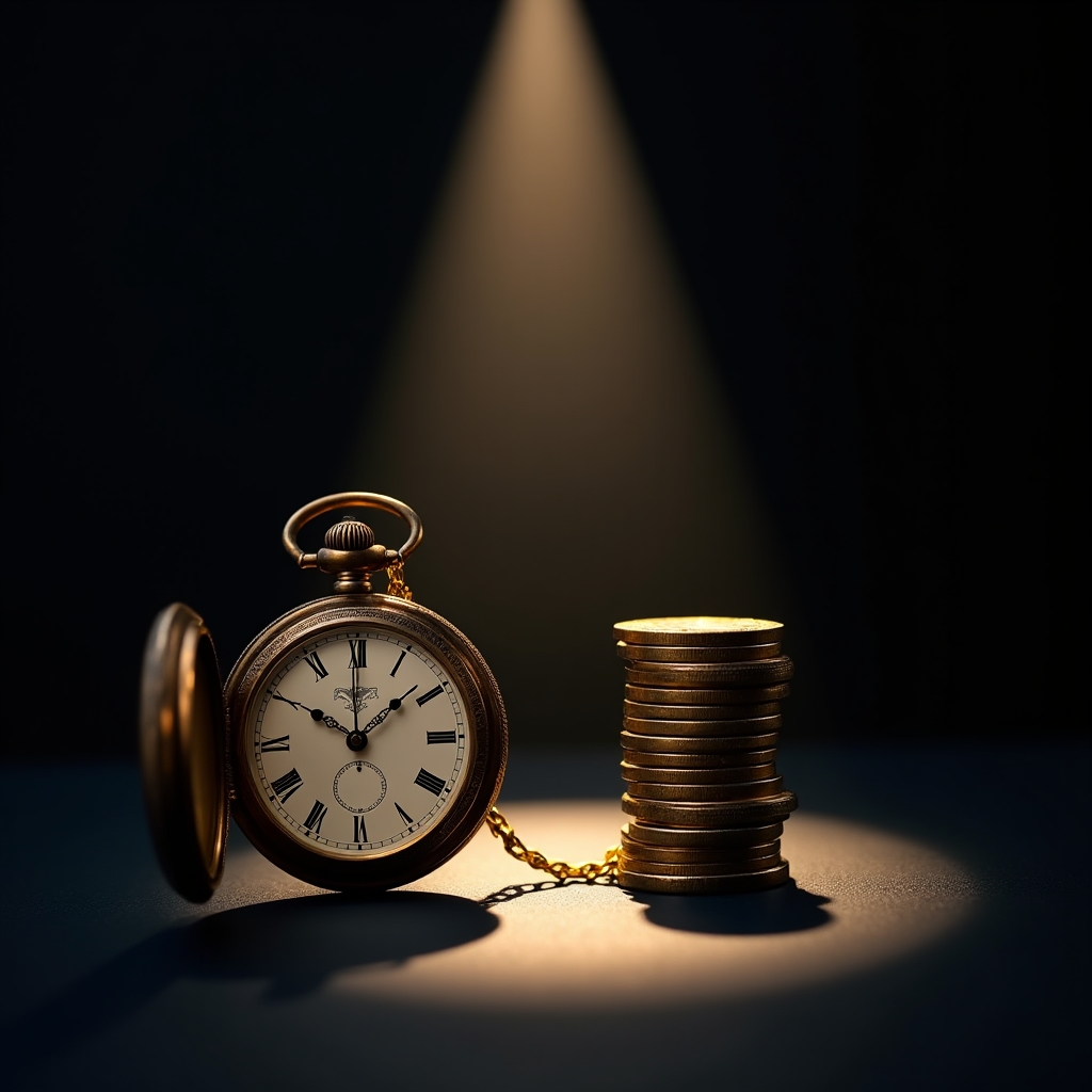 Concetto visivo di equilibrio tra tempo e denaro: orologio e monete su sfondo scuro